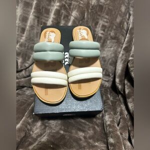 Sorel Cream and Sage Green Ella Puff  Slide Sandals